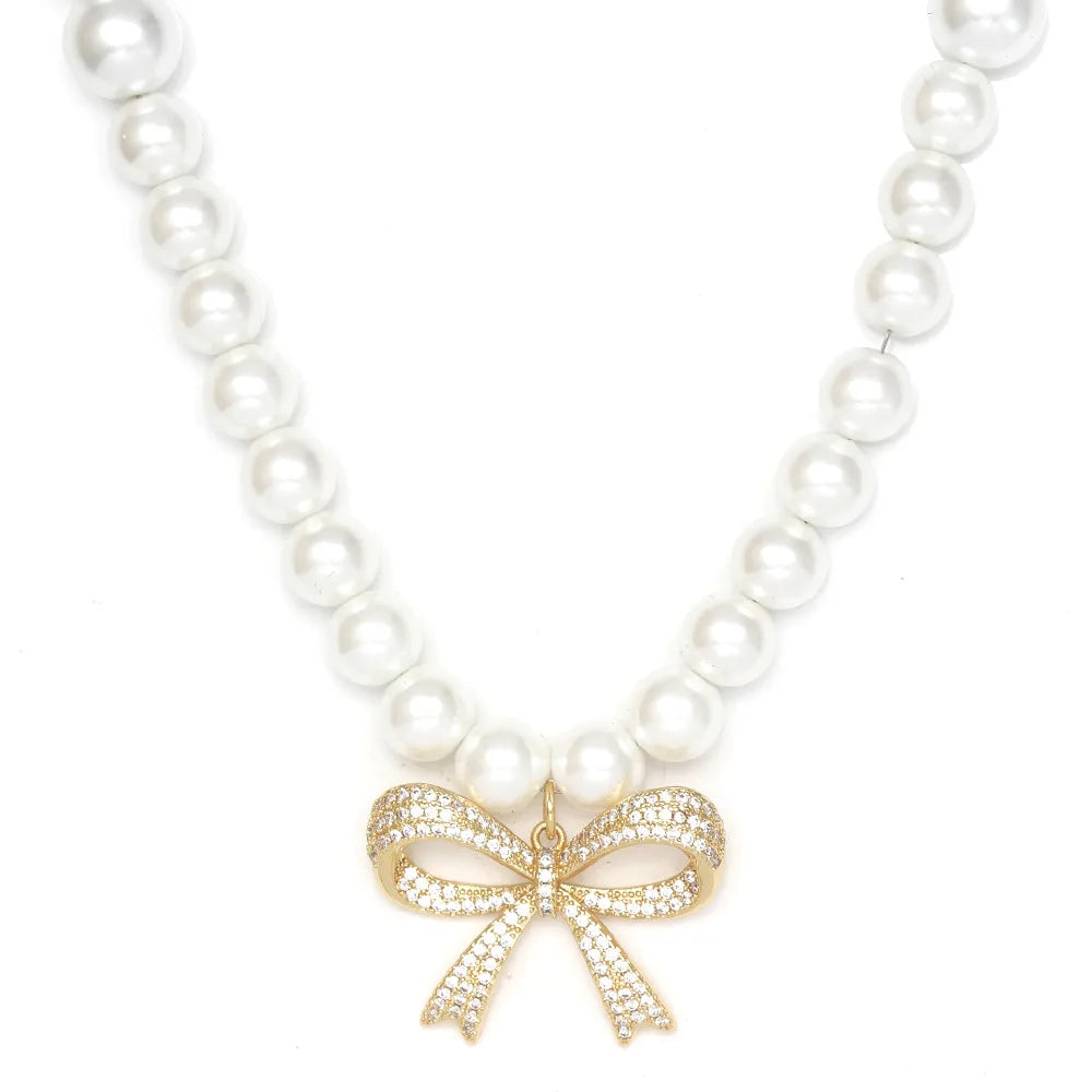 Simple Style Geometric Heart Shape Bow Knot Zircon Imitation Pearl Copper Wholesale Necklace