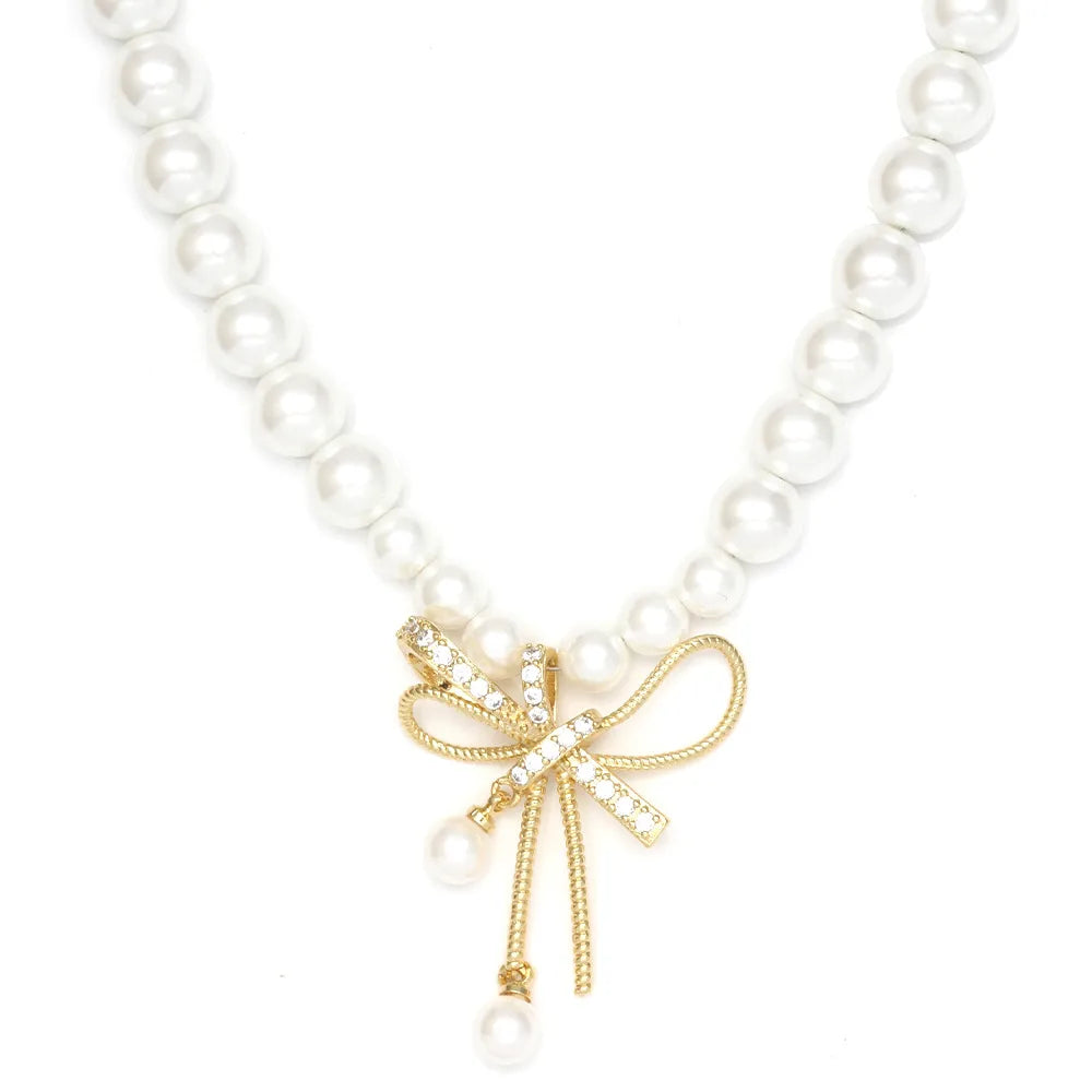 Simple Style Geometric Heart Shape Bow Knot Zircon Imitation Pearl Copper Wholesale Necklace