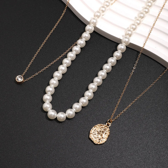 Simple Style Geometric Imitation Pearl Alloy Copper Inlay Rhinestones Men'S Three Layer Necklace