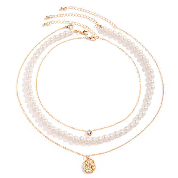 Simple Style Geometric Imitation Pearl Alloy Copper Inlay Rhinestones Men'S Three Layer Necklace