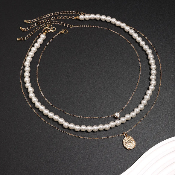 Simple Style Geometric Imitation Pearl Alloy Copper Inlay Rhinestones Men'S Three Layer Necklace