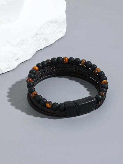 Simple Style Geometric Pu Leather Beaded Men'S Bracelets