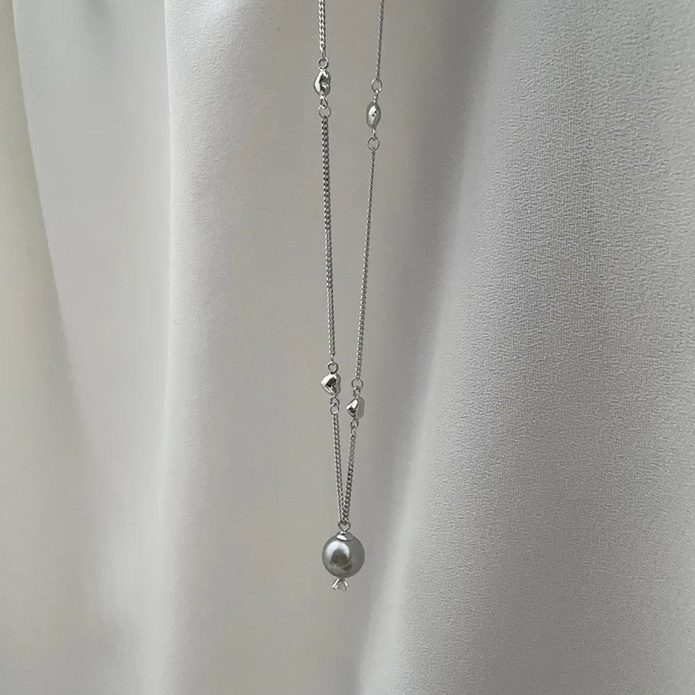 Simple Style Geometric Solid Color Sterling Silver Plating Inlay Artificial Pearls White Gold Plated Pendant Necklace