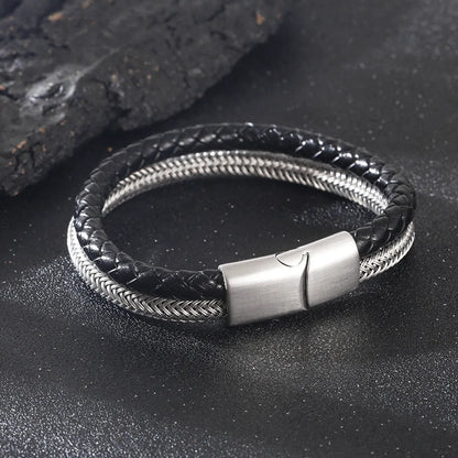 Simple Style Geometric Stainless Steel Leather Rope Plating Men'S Bangle