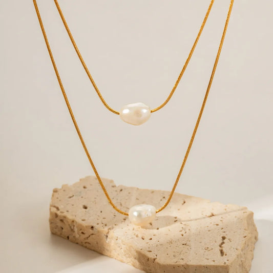 Simple Style Geometric Stainless Steel Plating Freshwater Pearl 18k Gold Plated Layered Necklaces