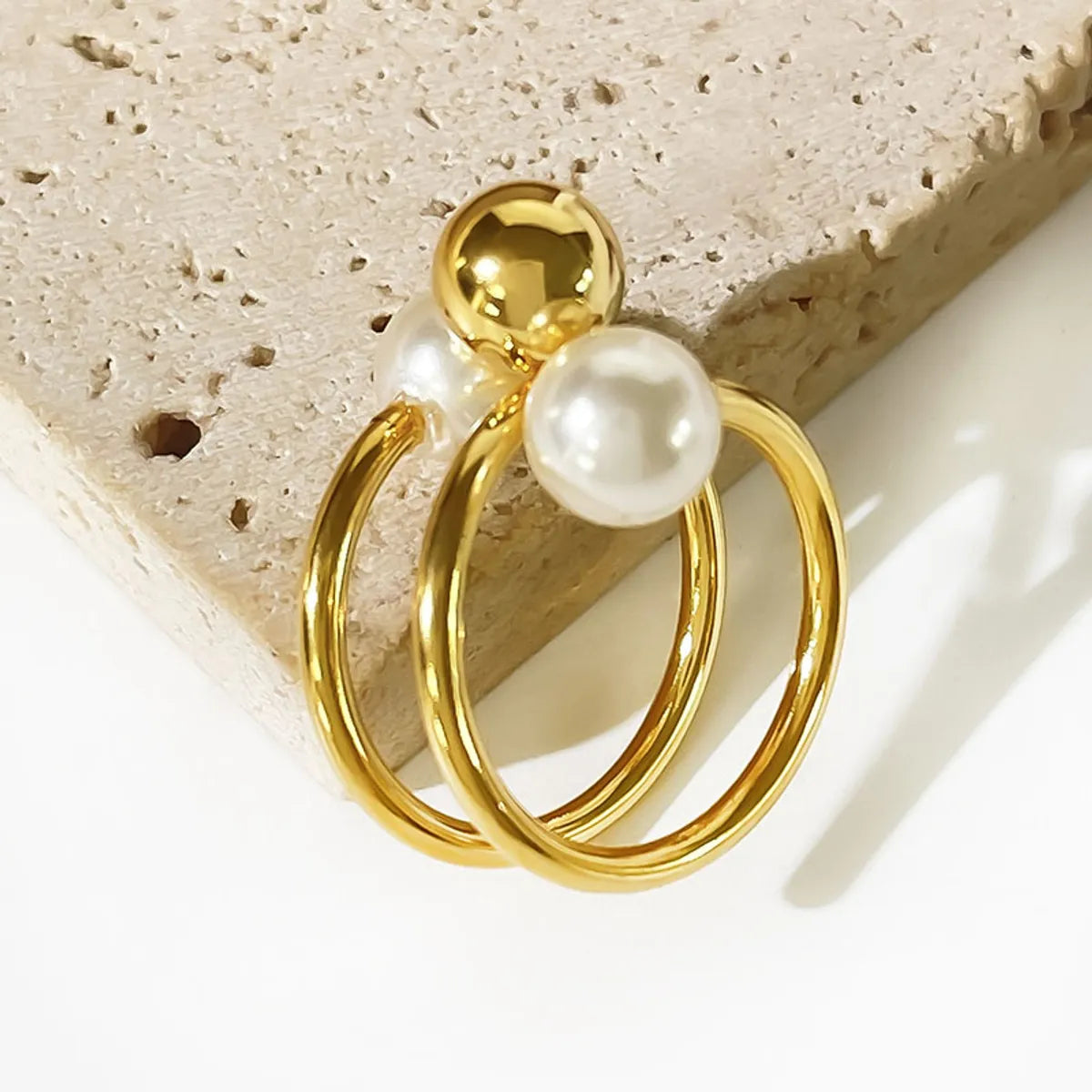 Wholesale Jewelry Simple Style Geometric 304 Stainless Steel Artificial Pearls 18K Gold Plated Plating Inlay Open Rings