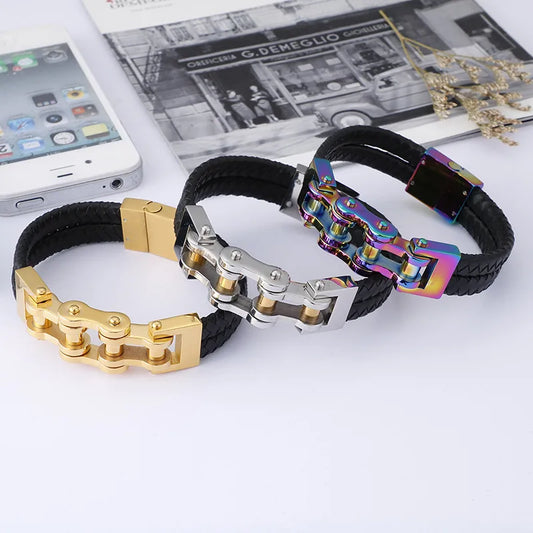 Simple Style Geometric Stainless Steel Pu Leather Plating 18K Gold Plated Men'S Bracelets