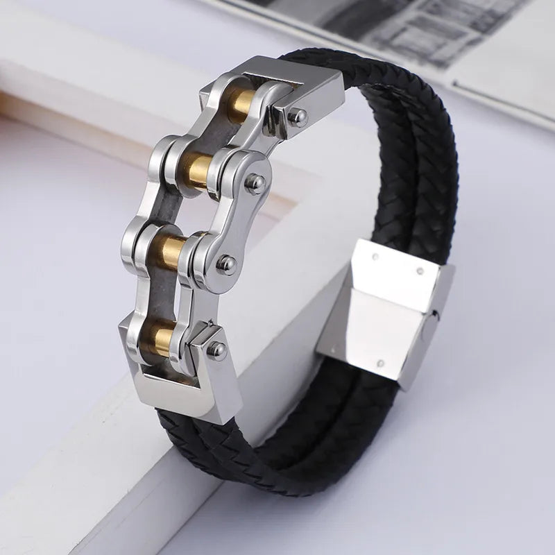 Simple Style Geometric Stainless Steel Pu Leather Plating 18K Gold Plated Men'S Bracelets