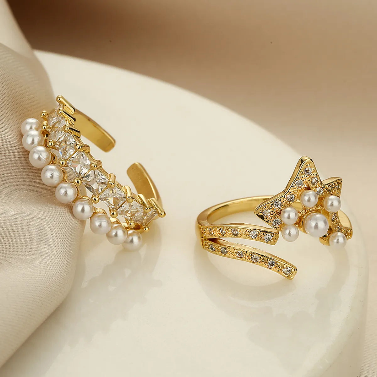 Simple Style Geometric Star Copper Plating Inlay Artificial Pearls Zircon 18k Gold Plated Open Ring