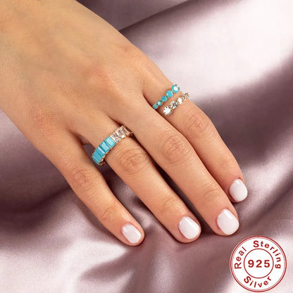 Simple Style Geometric Sterling Silver Open Ring Plating Inlay Turquoise Zircon 925 Silver Rings