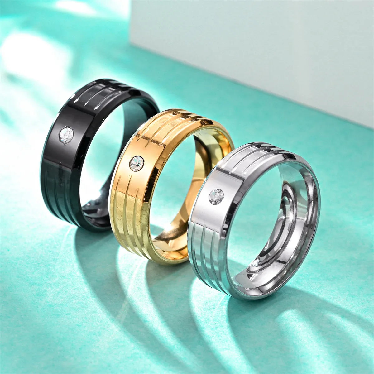 Simple Style Geometric Titanium Steel Inlay Zircon Men'S Rings