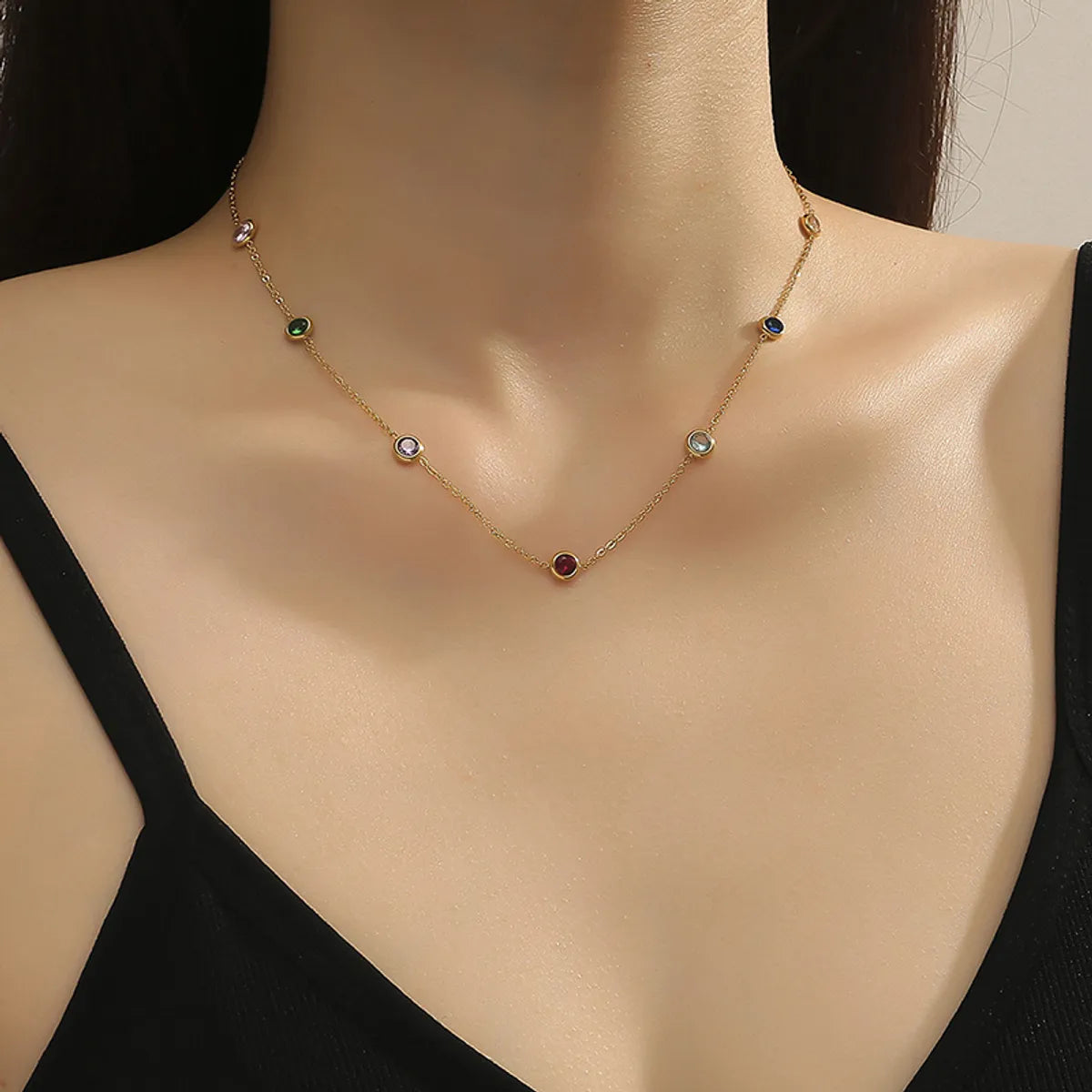 Simple Style Geometric Titanium Steel Polishing Plating Inlay Rhinestones 18k Gold Plated Necklace