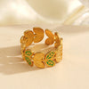 Simple Style Green Oil Dropping Leaf Flower Hiphop Allmatch Electroplated Stainless Steel Women's Ring