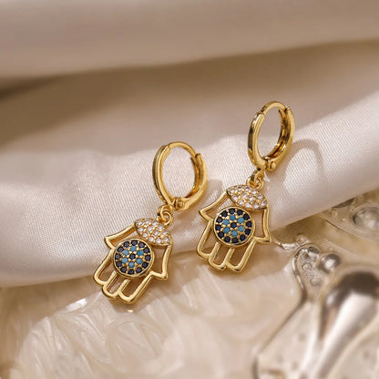 Simple Style Hand Of Fatima Copper Plating Inlay Zircon 18k Gold Plated Earrings Necklace Jewelry Set