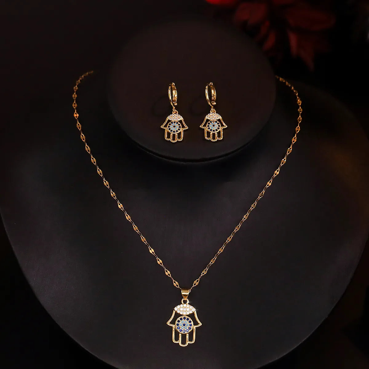 Simple Style Hand Of Fatima Copper Plating Inlay Zircon 18k Gold Plated Earrings Necklace Jewelry Set