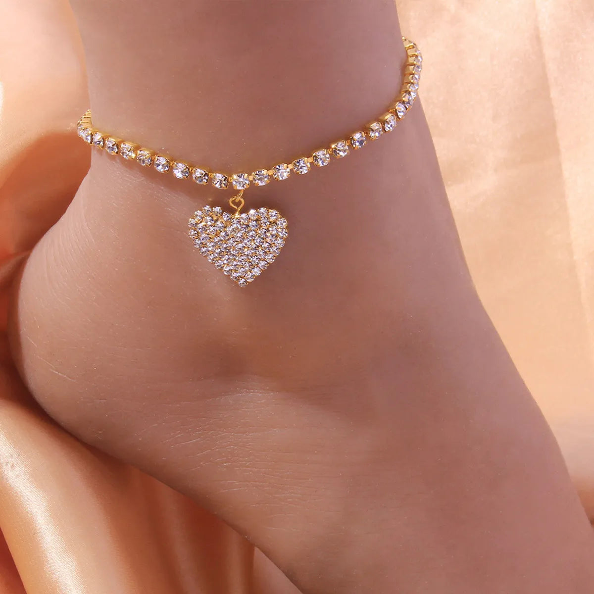 Simple Style Heart Shape Alloy Inlay Artificial Rhinestones Artificial Diamond Anklet