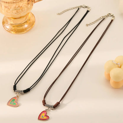 Simple Style Heart Shape Alloy Leather Rope Enamel Unisex Pendant Necklace