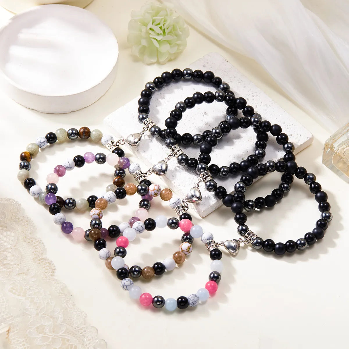 Simple Style Heart Shape Alloy Natural Stone Glass Beaded Unisex Bracelets