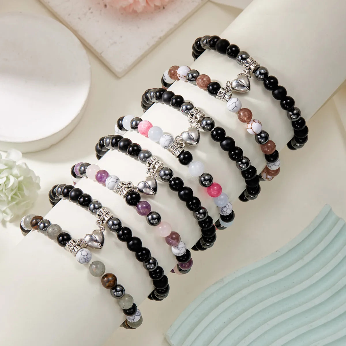 Simple Style Heart Shape Alloy Natural Stone Glass Beaded Unisex Bracelets