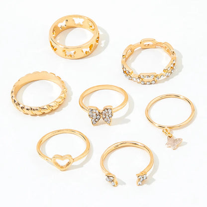 Simple Style Heart Shape Butterfly Alloy Plating Hollow Out Rhinestone Open Ring Rings