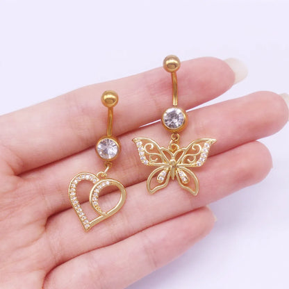 Simple Style Heart Shape Cat Butterfly Stainless Steel Sequin Copper White Gold Plated Gold Plated Rhinestones Zircon Belly Ring In Bulk