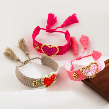 Simple Style Heart Shape Cloth Glass Copper Beaded Knitting Valentine'S Day Women'S Wristband