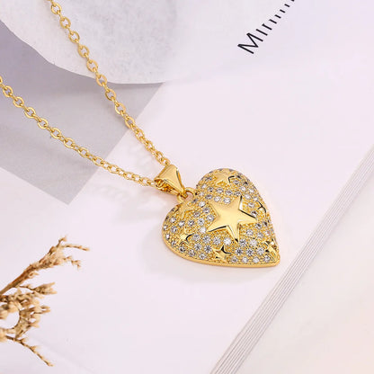 Simple Style Heart Shape Copper 18k Gold Plated Zircon Pendant Necklace In Bulk