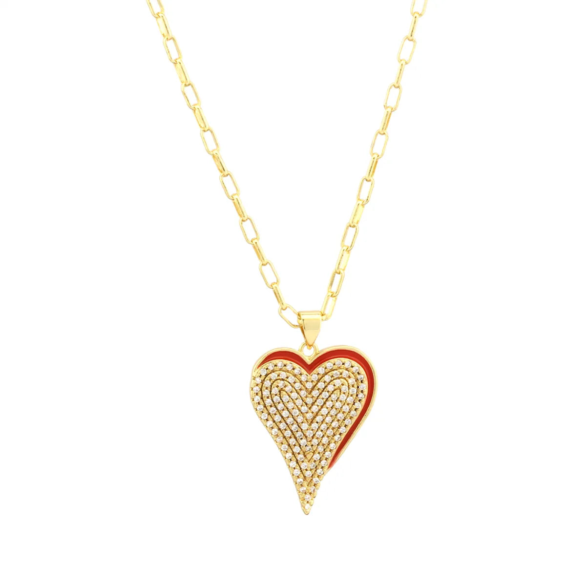 Simple Style Heart Shape Copper Enamel Inlay Zircon 18k Gold Plated Pendant Necklace