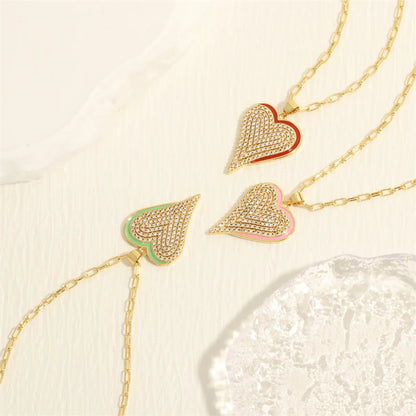 Simple Style Heart Shape Copper Enamel Inlay Zircon 18k Gold Plated Pendant Necklace