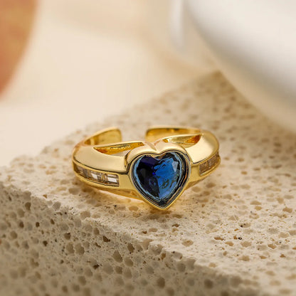 Simple Style Heart Shape Copper Plating Inlay Zircon 18k Gold Plated Open Rings