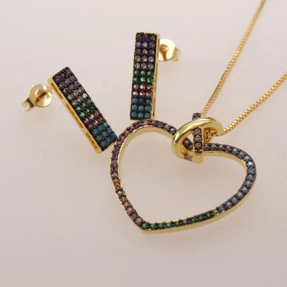 Simple Style Heart Shape Copper Plating Inlay Zircon Gold Plated Jewelry Set