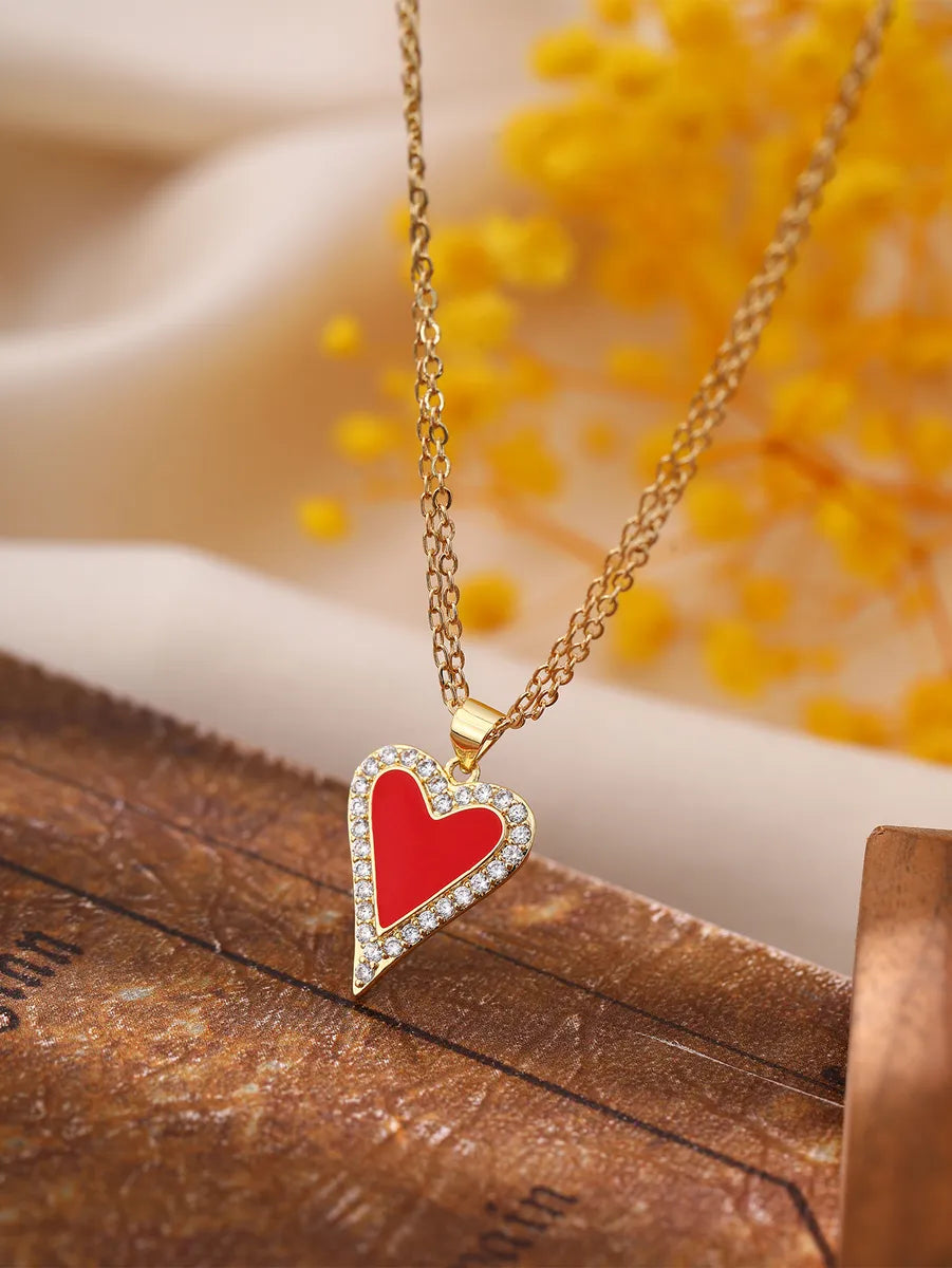 Simple Style Heart Shape Copper Zircon Double Layer Necklaces