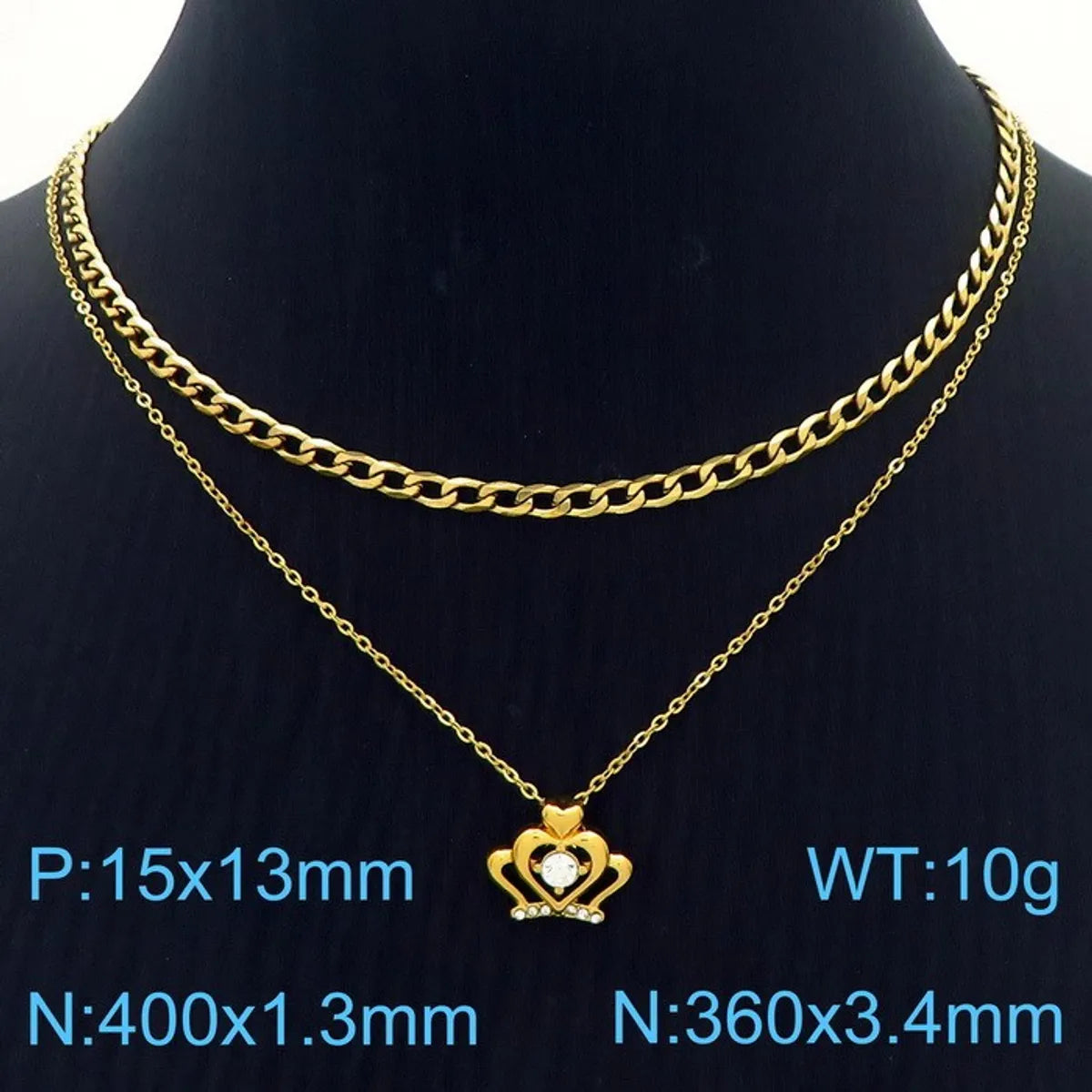 Wholesale Jewelry Simple Style Heart Shape Crown Stainless Steel Titanium Steel Zircon 18K Gold Plated Hollow Out Inlay Double Layer Necklaces