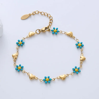 Simple Style Heart Shape Flower Stainless Steel Patchwork Enamel Gold Plated Bracelets