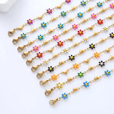 Simple Style Heart Shape Flower Stainless Steel Patchwork Enamel Gold Plated Bracelets