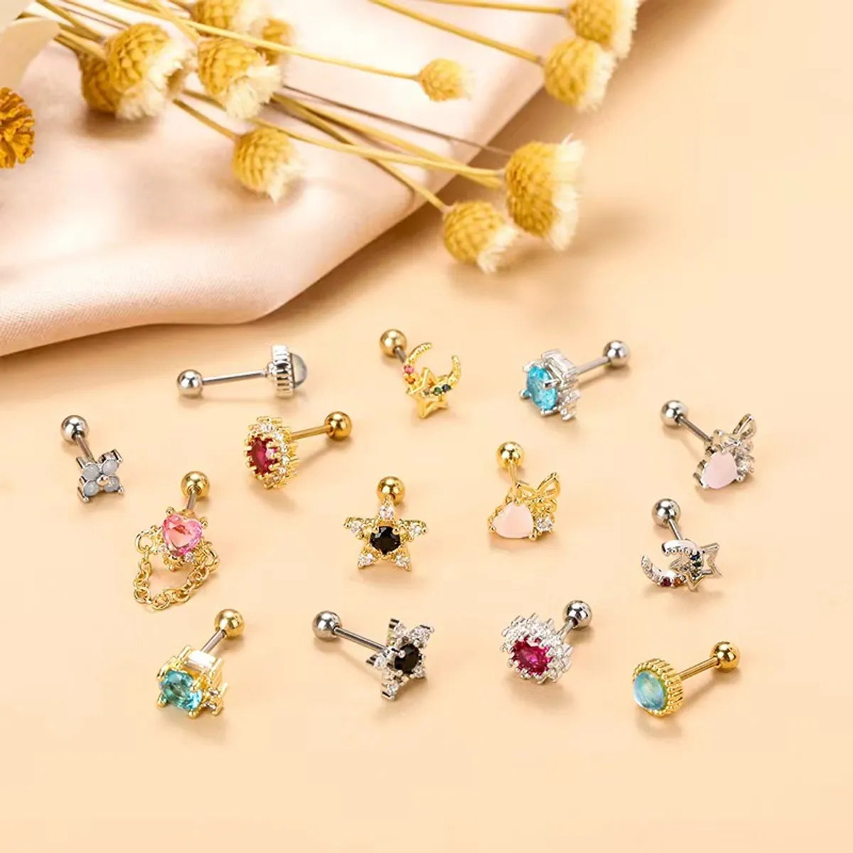 Simple Style Heart Shape Flower Stainless Steel Plating Inlay Zircon Ear Studs 1 Piece