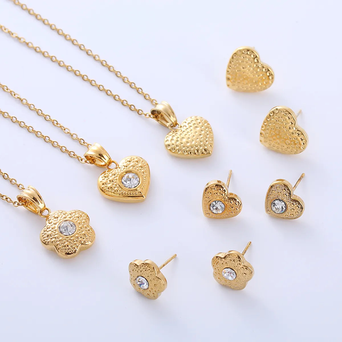 Simple Style Heart Shape Flower Stainless Steel Plating Zircon 18k Gold Plated Earrings Necklace Jewelry Set