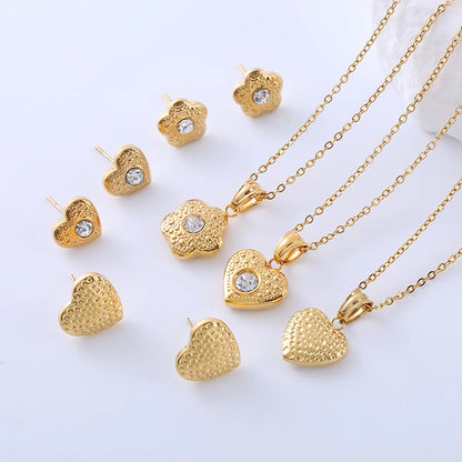 Simple Style Heart Shape Flower Stainless Steel Plating Zircon 18k Gold Plated Earrings Necklace Jewelry Set