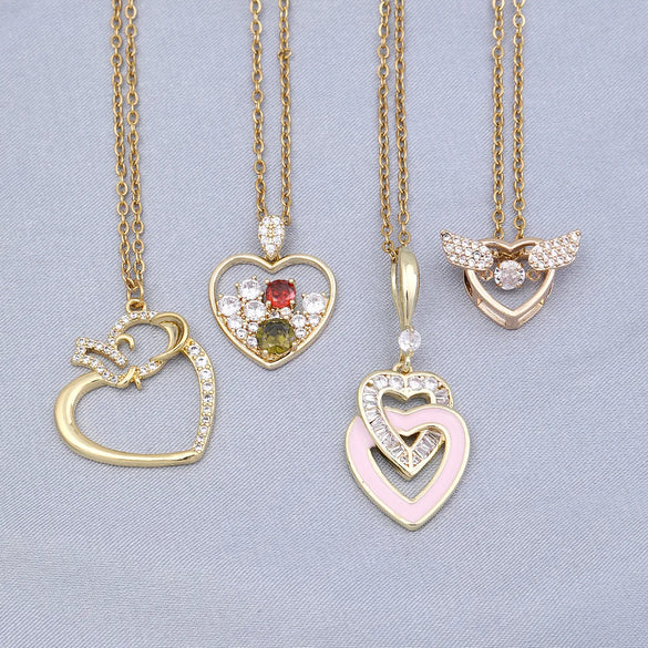 Wholesale Simple Style Heart Shape Key Stainless Steel Copper Enamel Plating Inlay Zircon Pendant Necklace