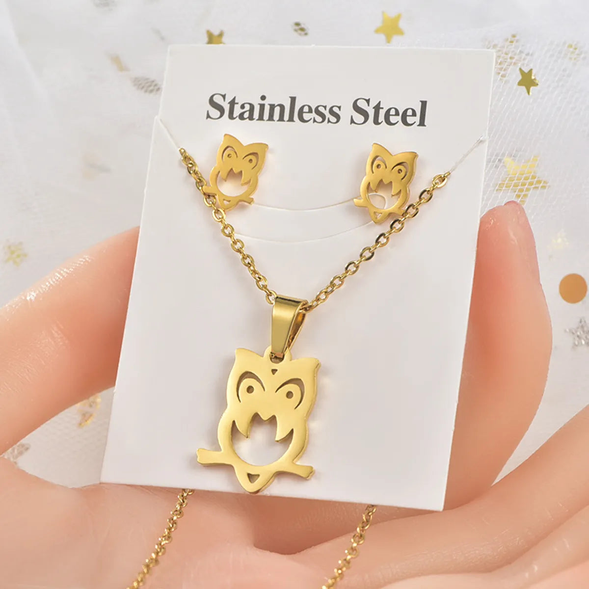 Simple Style Heart Shape Owl Butterfly Titanium Steel Women's Earrings Necklace 1 Set