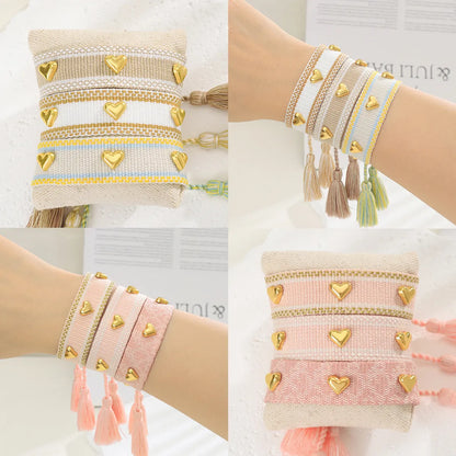 Simple Style Heart Shape Polyester Metal Embroidery Tassel Women'S Drawstring Bracelets