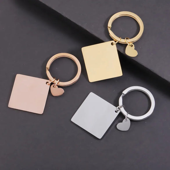 Simple Style Customization Laser Engraving Heart Shape Rhombus Stainless Steel Polishing Plating 18K Gold Plated Keychain