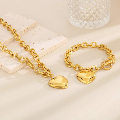 Wholesale Jewelry Simple Style Heart Shape Stainless Steel 18K Gold Plated Chain Bracelets Necklace