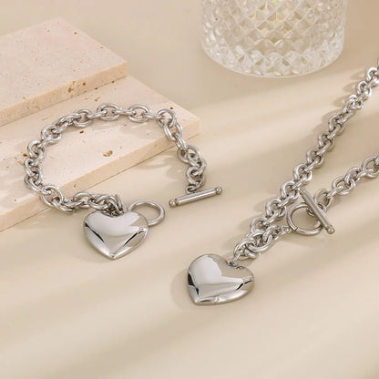 Wholesale Jewelry Simple Style Heart Shape Stainless Steel 18K Gold Plated Chain Bracelets Necklace