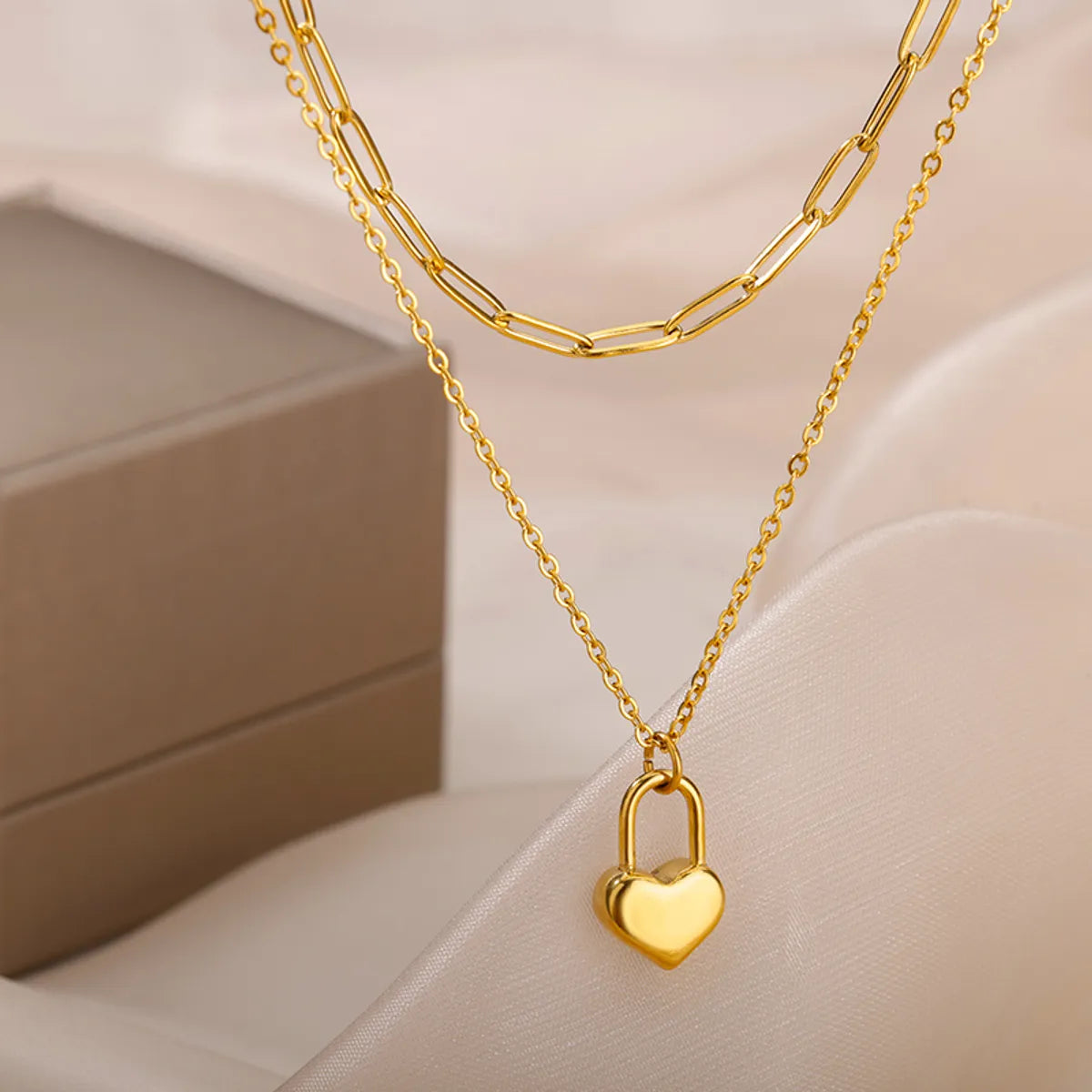 Simple Style Heart Shape Stainless Steel Chain 18k Gold Plated Double Layer Necklaces