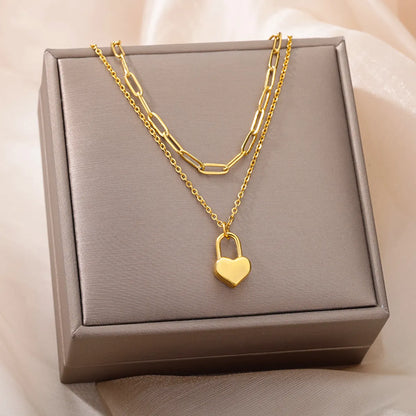 Simple Style Heart Shape Stainless Steel Chain 18k Gold Plated Double Layer Necklaces