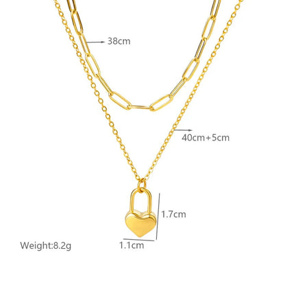 Simple Style Heart Shape Stainless Steel Chain 18k Gold Plated Double Layer Necklaces