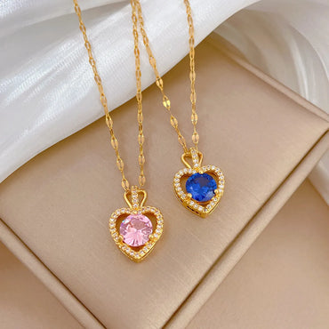 Simple Style Heart Shape Stainless Steel Copper Inlay Artificial Diamond Pendant Necklace