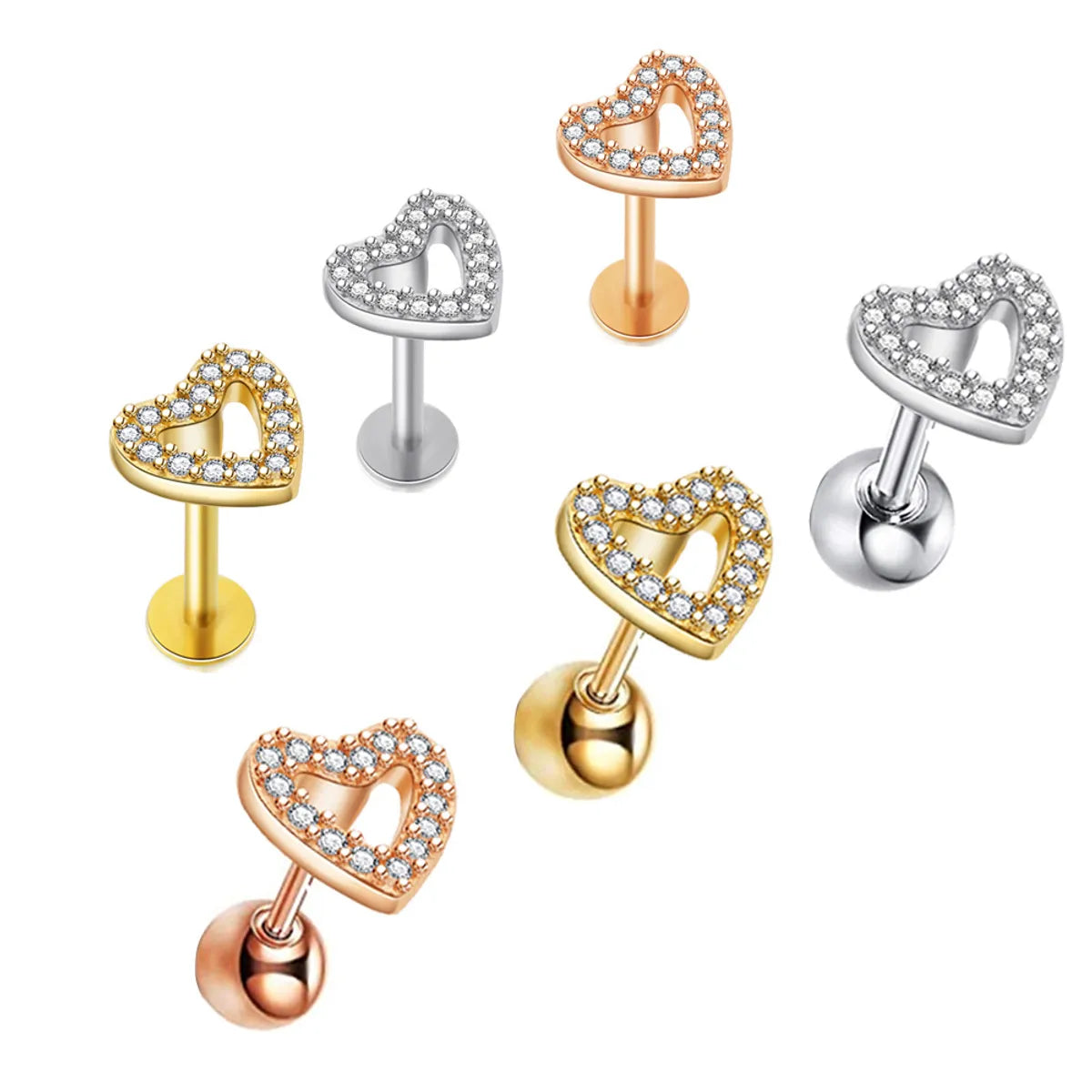 Simple Style Heart Shape Stainless Steel Hollow Out Zircon Lip Stud Ear Studs 1 Piece