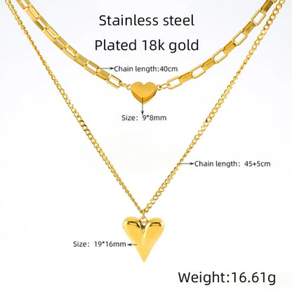 Simple Style Heart Shape Stainless Steel Plating 18k Gold Plated Double Layer Necklaces